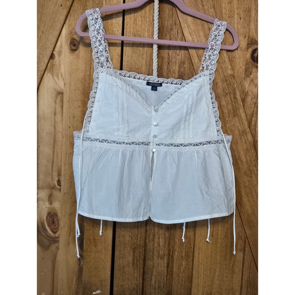 Wild Fable White Cotton Babydoll Top M Lace Trim Button Front Crop Cami #745‎